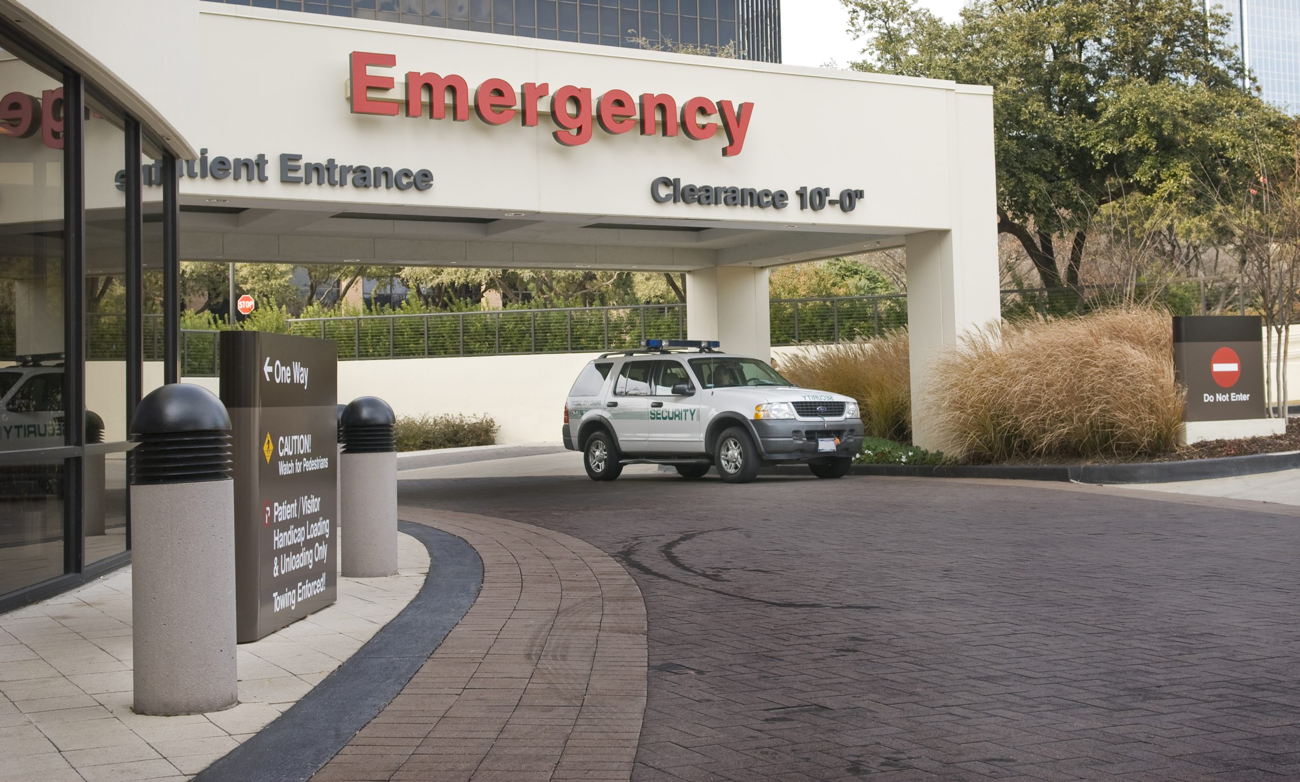 hospital entrance with security