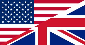 Flag divided diagonally- half the American flag, half the British Flag