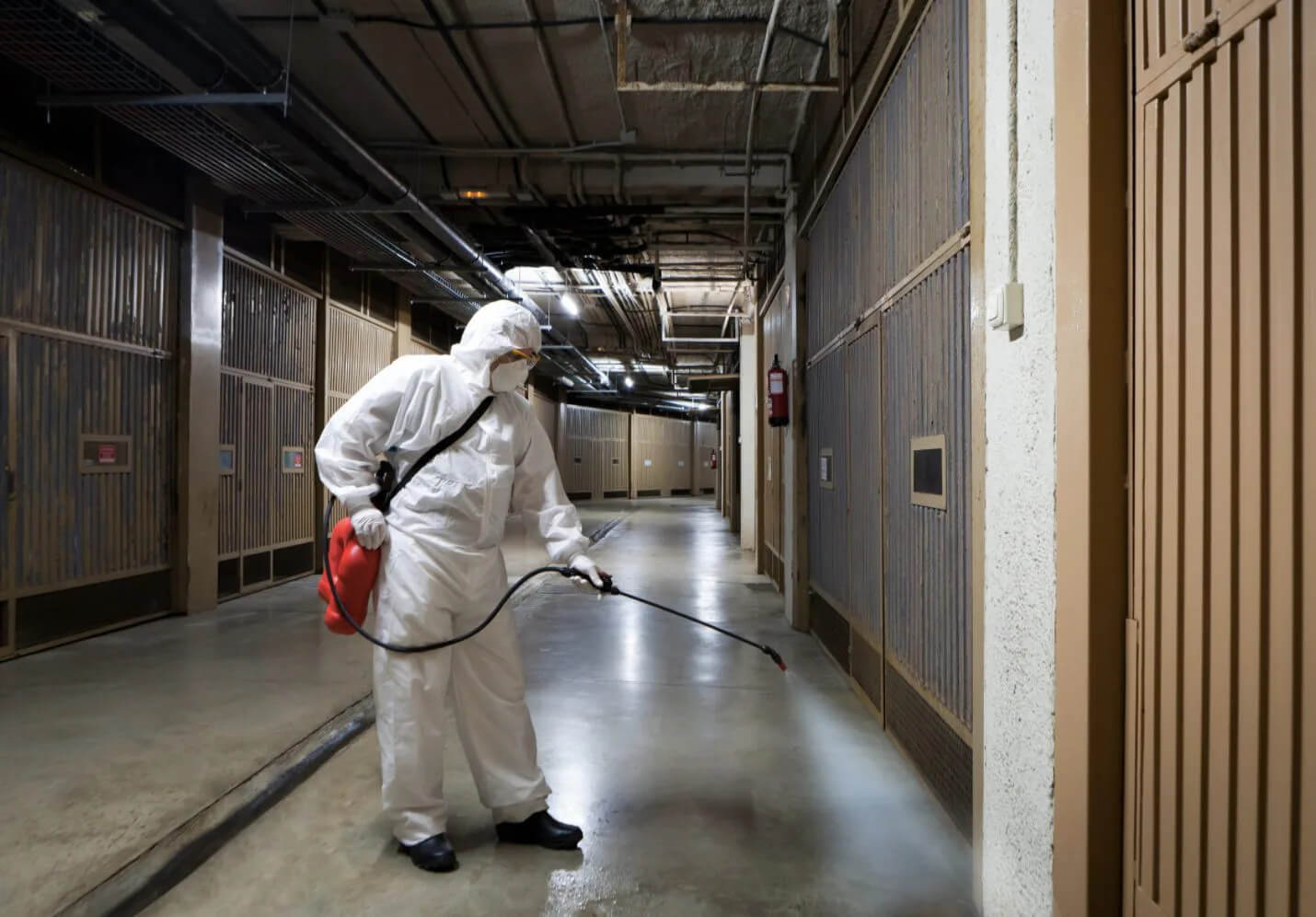 Employee disinfecting surfaces with a sprayer