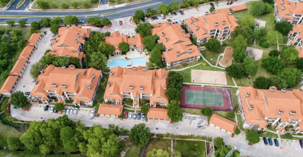 Overhead view of a beautiful neighborhood that could benefit from residential security services.
