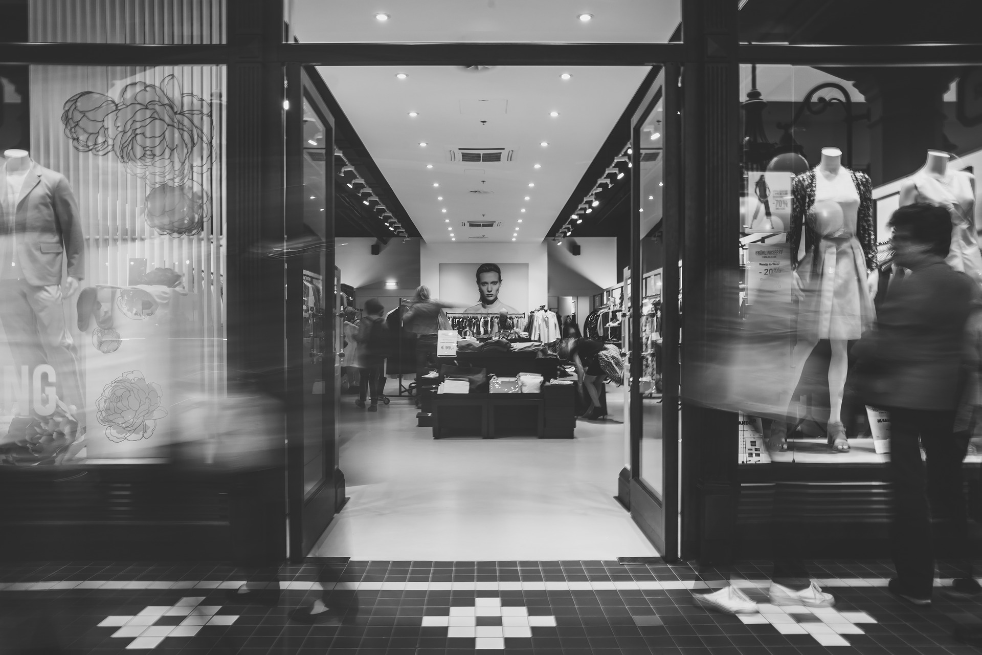 Black and white retail store entrance